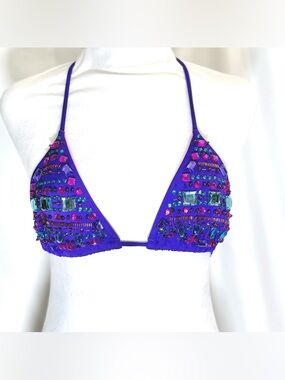 Victoria’s Secret Vintage Purple Triangle Bikini Top With Bead Embellishments